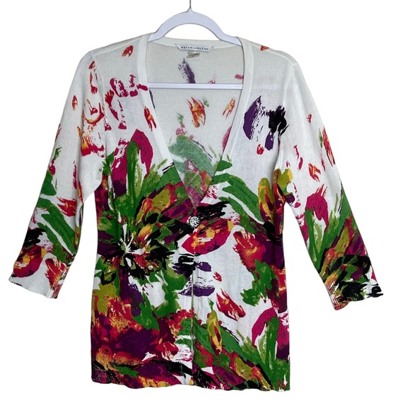 Peter Nygard Colorful Artsy Floral Abstract Cardigan Lightweight 1 Button Size M - Picture 11 of 11